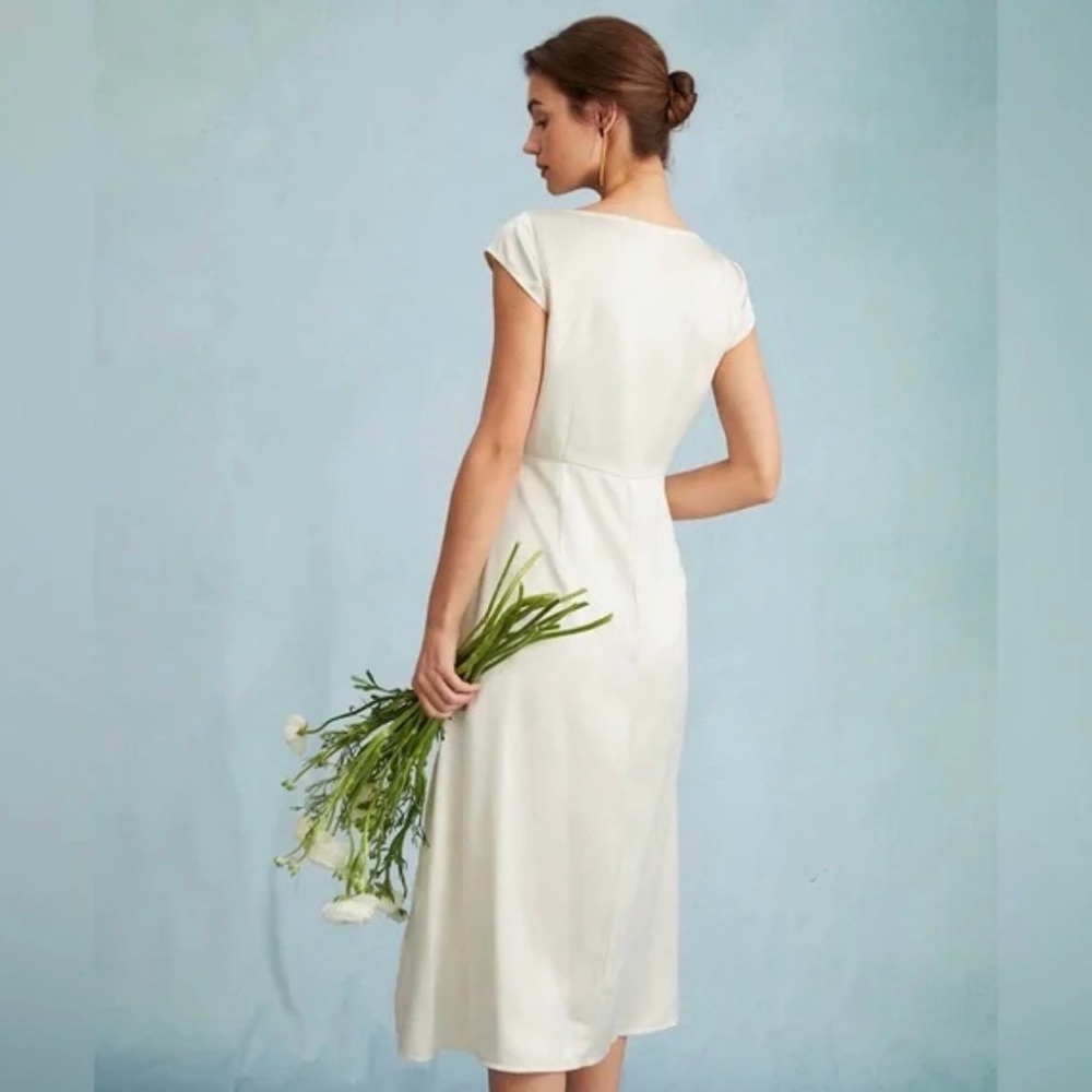 NWT RIHOAS Satin Cap Sleeve Sheath Slit Midi Dress Sz M